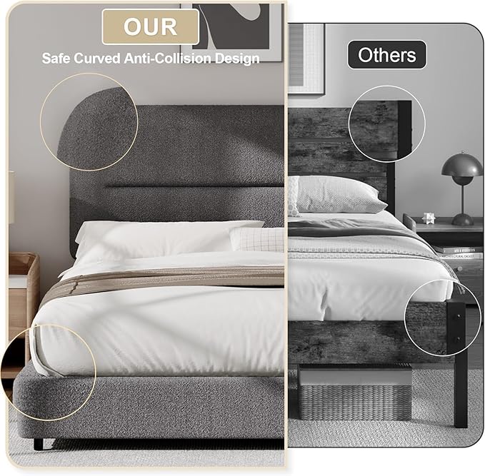 HOMBCK Twin Bed Frames, Upholstered Twin Bed Frame with Rounded Headboard, Soft Modern Twin Size Boucle Bed Frame with Thickened Footboard, Rounded Corners, No Box Spring Needed, Easy Assembly, Grey