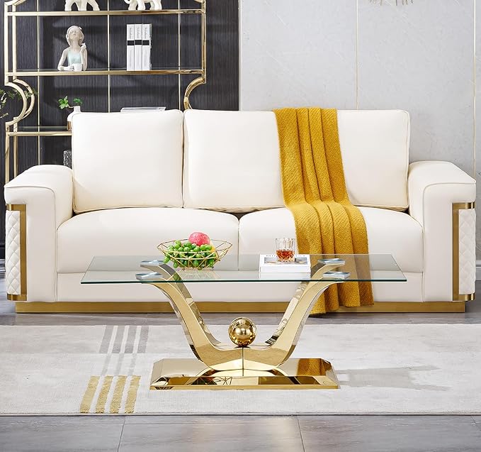 HomVent Modern Glass Coffee Table, with Stainless Steel, Living Room Table for Living Room Bedroom