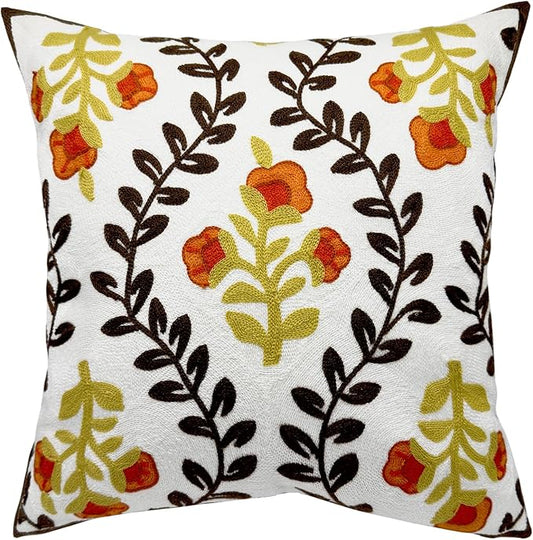 Alysheer Floral Embroidered Fall Decorative Throw Pillow Cover 18"x 18", Farmhouse Cottage Orange Flowers Brown Leaves Knit Pattern Cotton Canvas Cushion Case for Sofa Couch Bed Living Room Decor