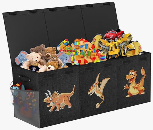 Extra Large Toy Box Chest, Collapsible Sturdy Toy Storage Organizer Boxes Bins Baskets Dinosaur Kids Toy Chest Bin with Lids for Boys Girls Living Room Playroom Bedroom Nursery 41"x14"x16" Black