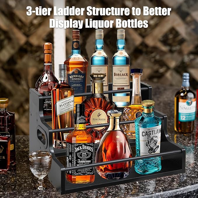 AT-VALY 3-Tier Spice Rack, Iron & MDF Kitchen Storage Shelf, Space-Saving Countertop Organizer for Spices, Herbs, Seasonings, Sturdy Stylish Condiment Holder (Black Grain)