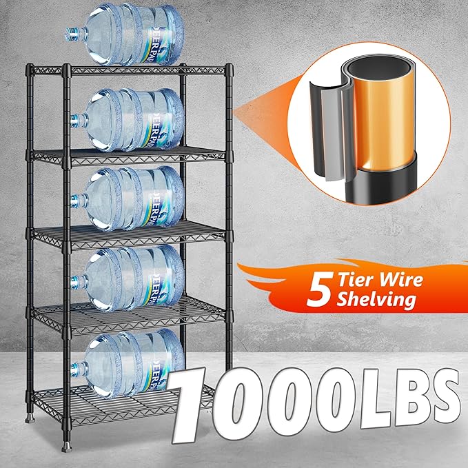REIBII 1000LBS Wire Shelving Unit, 5 Tier Adjustable Metal Storage Shelves for Kitchen Pantry Office Steel Organizer Wire Rack for Narrow Space, 13.4" D x 23.2" W x 60" H, Black,2PCS