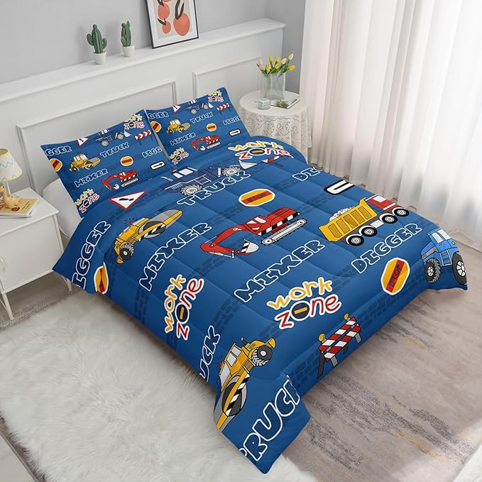 Kids Comforter Set Butterfly Printed Pattern Bedding Set with 1 Comforter and 2 Pillowcases for Girls Boys Bedroom All Season(Truck Full)