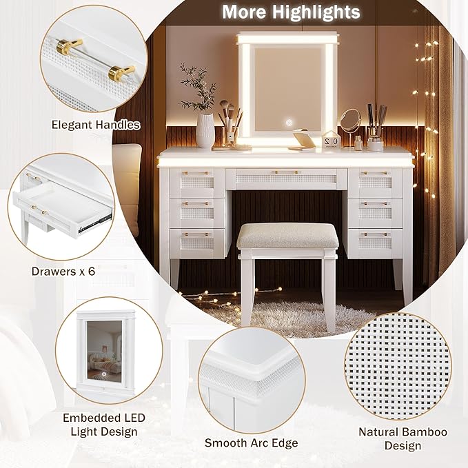 Merax 48" Vanity Desk with Mirror and Lights, Makeup Vanity with 7 Drawers and Cushioned Stool, Classic Finish Dressing Table with Hollow Design Drawer for Bedroom, Rubber Wood Legs, Light-Beige