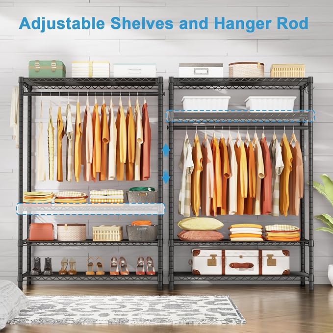 Ulif H4 Plus Portable Closets, 4-Tier Clothes Garment Rack for Bedroom and Cloakroom, Metal Clothing Storage and Organizer Wardrobe System, 45" W x 14" D x 76.4" H, Load 522lbs, Black