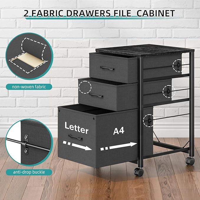 Raybee 3 Drawer File Cabinet Printer Stand Filing Cabinet Rolling File Cabinets for Home Office Fabric Vertical Office Storage Cabinet Fits A4, Legal, Letter Size, 16.7" D*16" W*26.8" H, Black