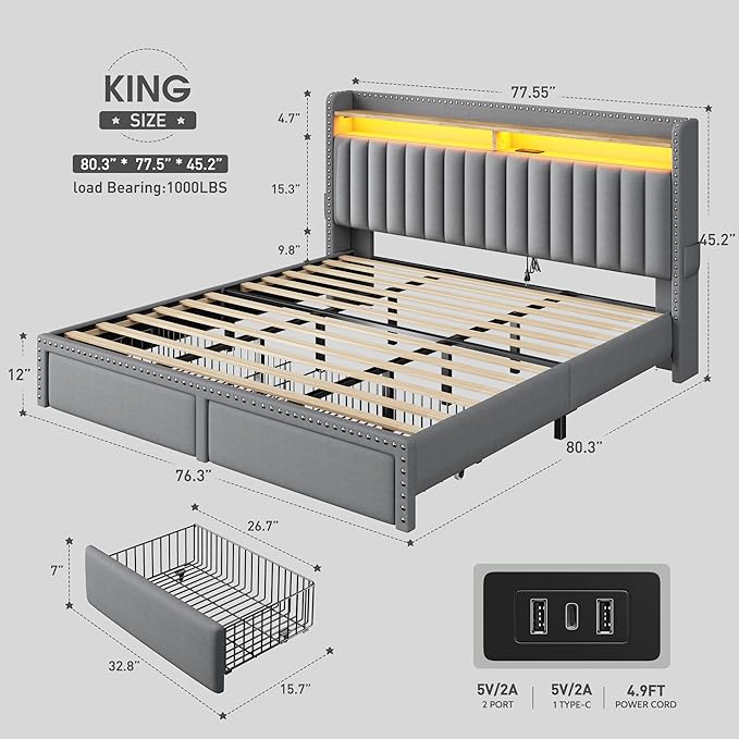 EnHomee King Size Bed Frame with 2 Storage Drawers, Upholstered Platform Bed with LED Lights and Charging Station, Sturdy Wooden Slats Support, No Box Spring Needed, Noise Free, Grey