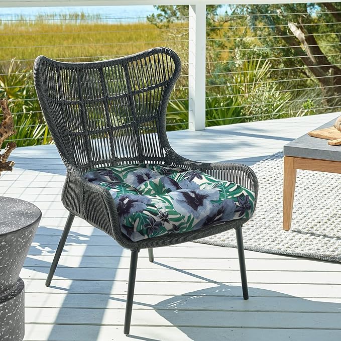 Set of 2 Outdoor Chair Cushions 19"x19"x4",Water Repellent Tufted Seat Cushions with Ties, Replacement Thick Chair Pads for Wicker Dining and Patio Furniture - Blue Salmone Tropical