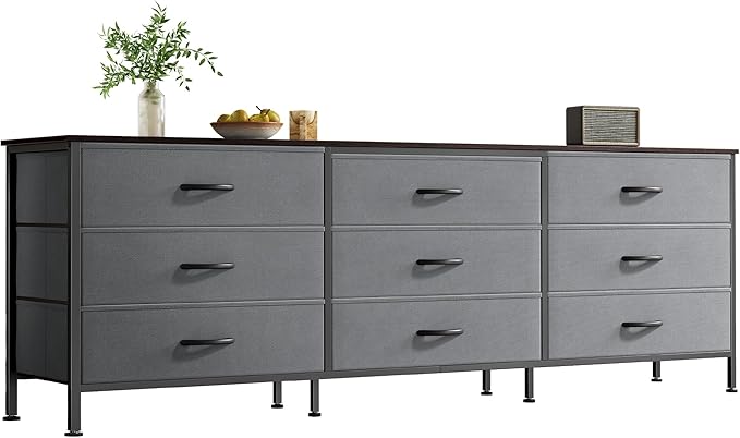 Huuger 63 Inch Dresser for Bedroom, Dresser for Closet with 9 Drawers, Large TV Stand for 55, 65, 70 Inch TV, Entertainment Center with Storage, Wide Long Chest of Drawers, Walnut and Dark Grey