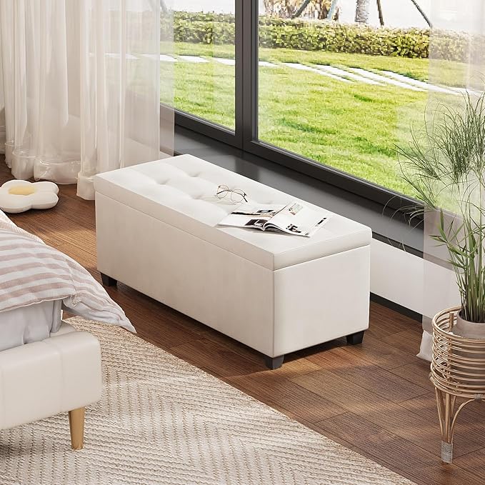 GiftGo Storage Ottoman Bench Foot Rest with Legs End of Bed Bench, Storage Chest, Load up to 660 lb, for Living Room, Bedroom, Entryway (White)