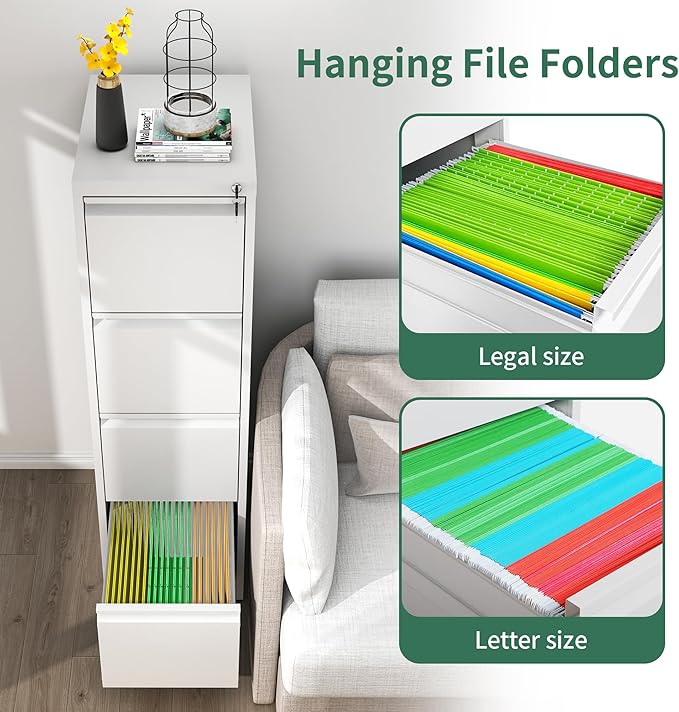 File Cabinet, Vertical File Cabinets with Lock for Home Office,Heavy Duty Office Steel Filing Cabinet for Hanging Letters/Legal/A4, Assembly Required (White, 4 Drawers)