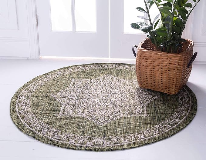 Unique Loom Outdoor Traditional Collection Area Rug - Antique (4' 1" Round, Green/ Gray)