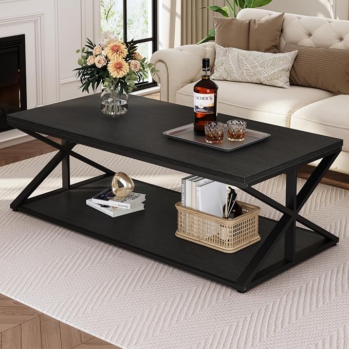 Launica Modern Coffee Table with Storage, Farmhouse Living Room Table, Minimalist Rectangle Center Table, Industrial Vintage Wood Tea Table, 47 Inch, Black Oak