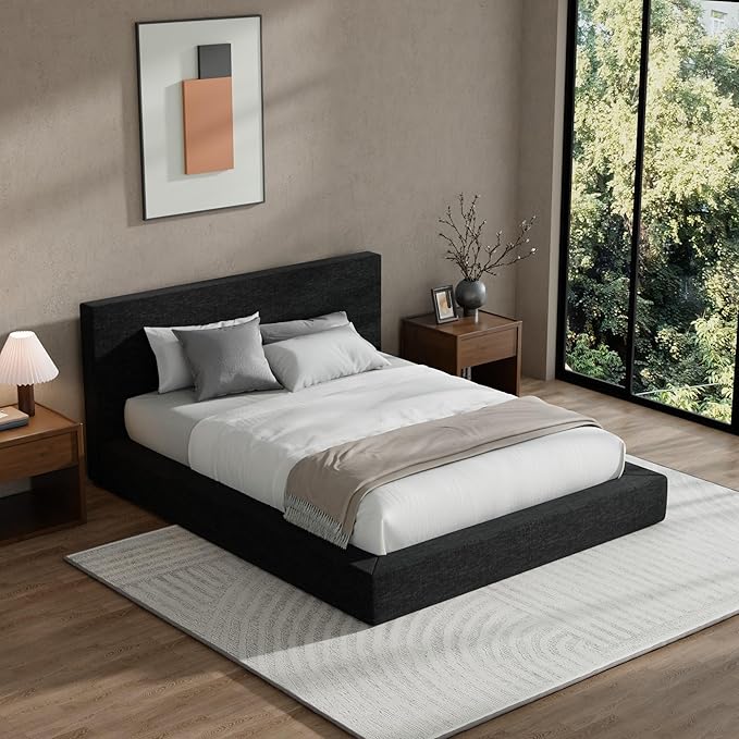 RECCI Cloud Upholstered King Bed Frame with Headboard, 5 Inch Foam Padded Platform, No Box Spring, Easy Assembly (Onyx)