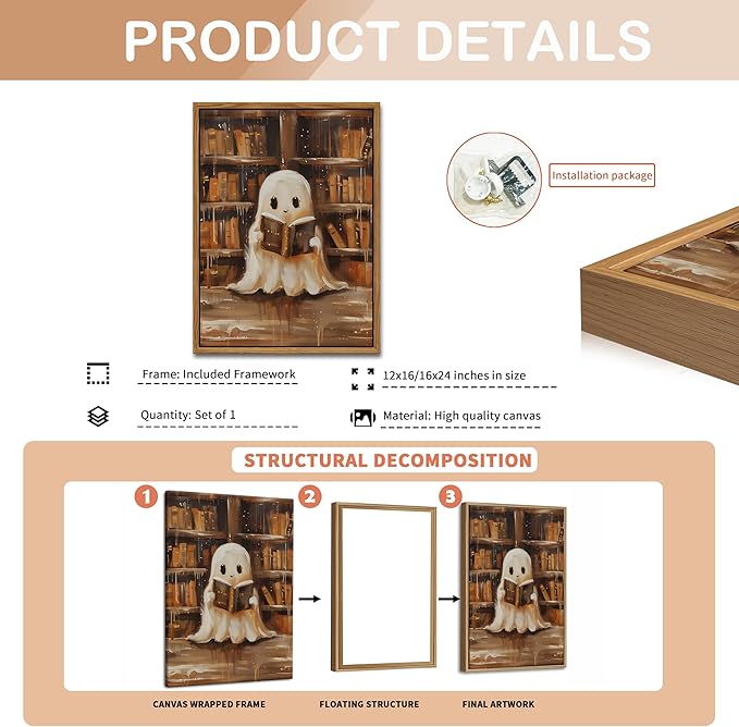 Vintage Framed Ghost Reading Books Canvas Wall Art for Home Office - Halloween Academia Cute Ghost Picture Paintings Prints, Halloween Room Aesthetic Decor for Living Room Bedroom 12x16 inch