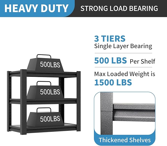 31.5" H Metal Storage Shelving, 1500LBS Heavy Duty Shelves Unit, Adjustable 3 Tier Storage Rack, Industrial Utility Shelf for Garage, Warehouse, Bedroom, Kitchen,18" D×34“W×31.5”H, Black