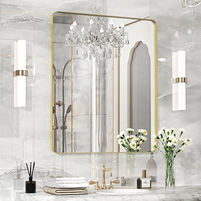 40×32 Gold Bathroom Mirror, Rectangular Bathroom Vanity Mirror for Wall with Rounded Corners & Aluminum Alloy Frame, Tempered-Glass, Modern, Farmhouse, Horizontal/Vertical, Entryway, Bedroom