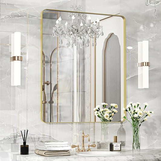 40×32 Gold Bathroom Mirror, Rectangular Bathroom Vanity Mirror for Wall with Rounded Corners & Aluminum Alloy Frame, Tempered-Glass, Modern, Farmhouse, Horizontal/Vertical, Entryway, Bedroom