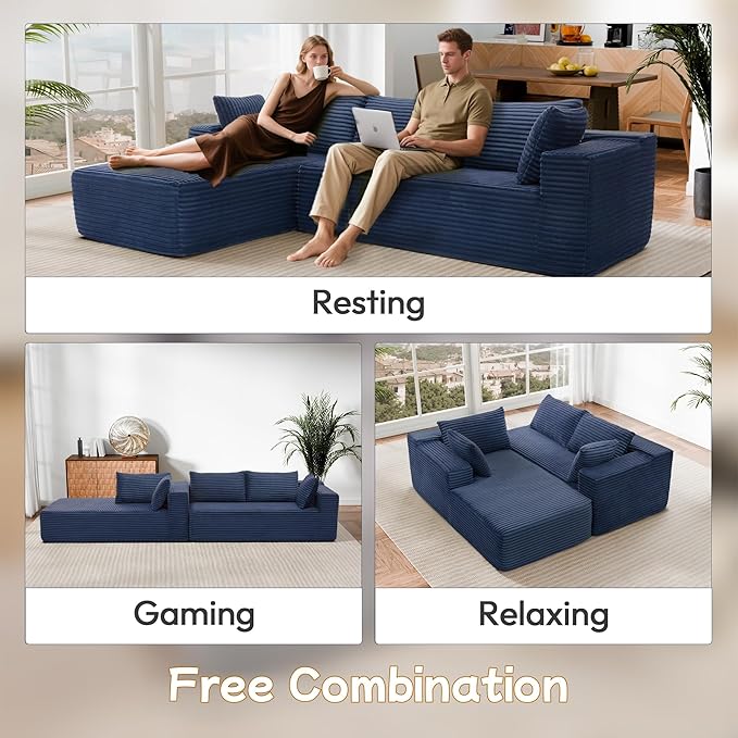 105" Cloud Sectional Couch with L-Shape Chaise,Modern Modular Sofa with Deep Seat, Fluffy Boneless Couches for Living Room Bedroom,No Assembly Required, Dark Blue (Plush Flannel Fabric)