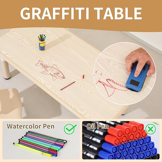 Kids Table and 4 Chairs Set, Height Adjustable Toddler Table and Chairs Set, Graffiti Desktop Children Activity Table for Ages 2-10, Daycare, Classroom, HOM