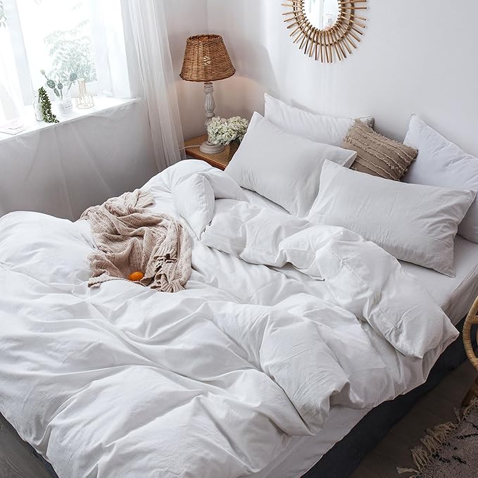 MooMee Bedding Duvet Cover Set 100% Washed Cotton Linen Like Textured Breathable Durable Soft Comfy (Solid Off White, Super King Plus 120"x120")