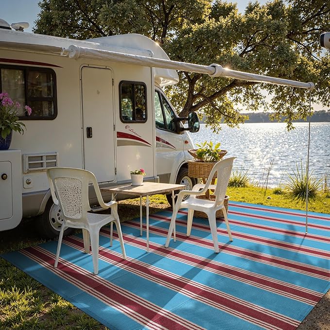 Lahome Striped Outdoor Rug 8x10 Patio Waterproof, Reversible Outdoor Plastic Straw Rug for Camping, RV Patio Rugs Outside Large Carpet for Porch Deck Backyard Picnic(Blue/Red,8'x 10')
