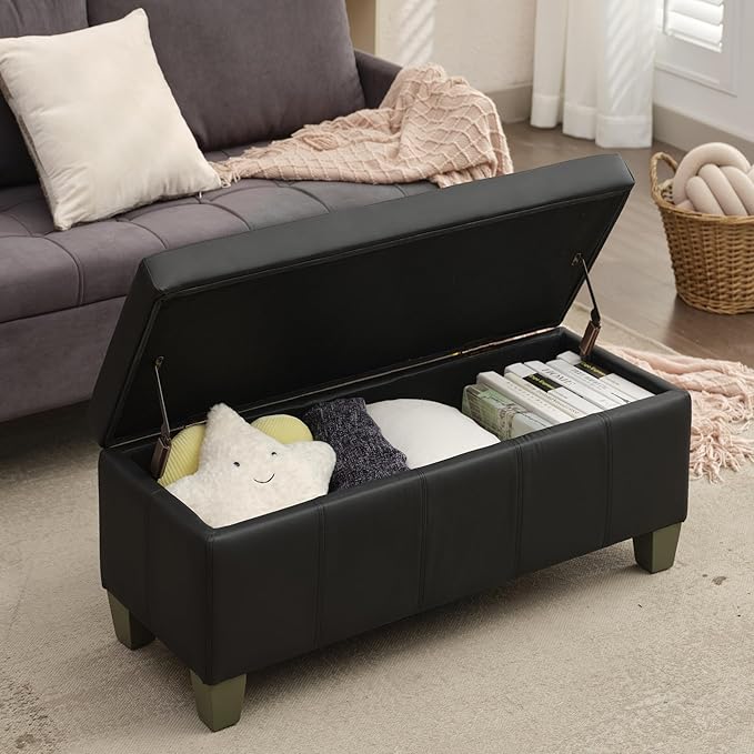 Black Faux Leather Ottoman with Storage, Rectangular Extra Long Storage Bench for Bedroom and Living Room