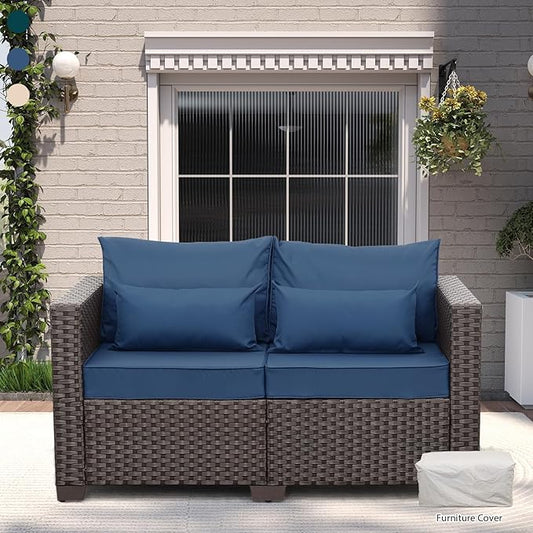 Rattaner Outdoor Furniture Loveseat Sofa Patio Furniture Small Sofa 2 Seater Couch with Anti-Slip Cushions Lumbar Pillow and Waterproof Cover, Navy Blue