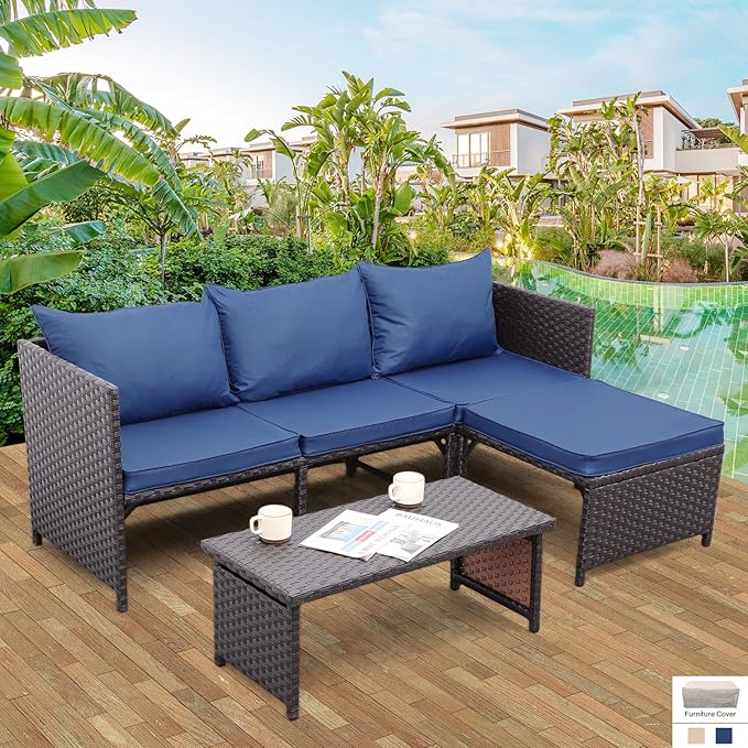 Valita Outdoor Furniture Set 3 Piece Patio Set Patio Conversation Sets Outdoor Sectional Sofa Patio Loveseat Coffee Table with Non-Slip Cushions, Navy Blue