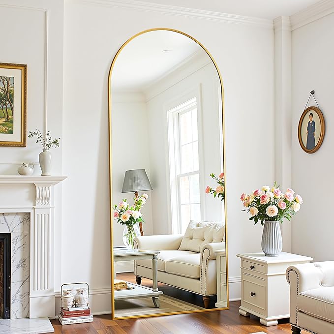 Full Length Mirror, 71"x28" Oversized Floor Mirror Freestanding, Full Body Mirror Floor Standing Mirrors with Stand, Hanging Mounted Mirrors for Bedroom Living Room, Gold, Arched Style