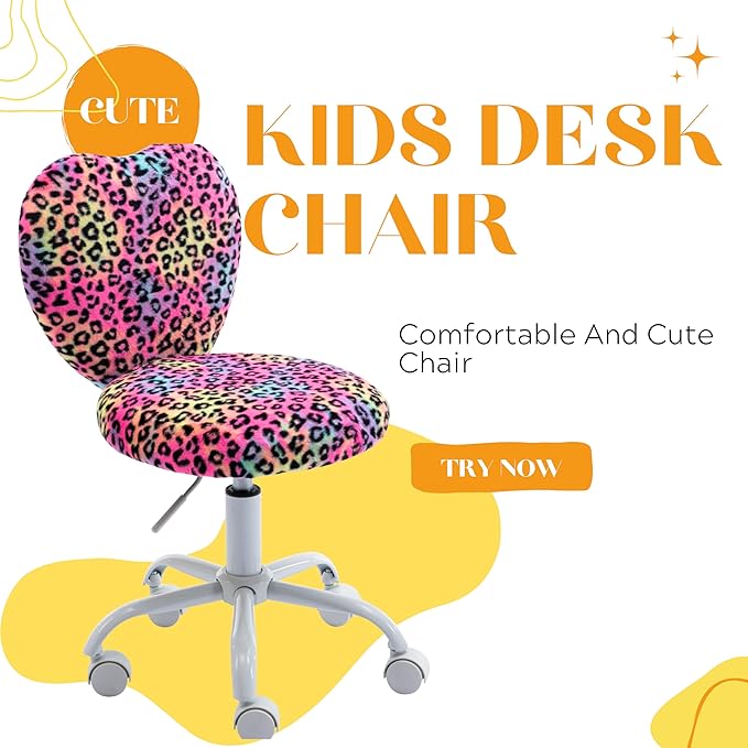 Kmax Kids Reading Chair, Rolling Cute Desk Chair for Girls Swivel Office Chair with Wheels & Heart Back Adjustable Childrens Vanity Chair for Bedroom Reading Room - Faux Fur, Leopard