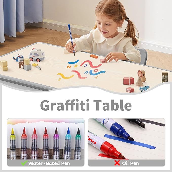 Adjustable Kids Table, Arts and Crafts Child Table with Graffiti Desktop, 7 Level Height Adjustable Children Table for Ages 3-8, Easy to Wipe Toddler Desk for Classrooms/Daycares/Homes