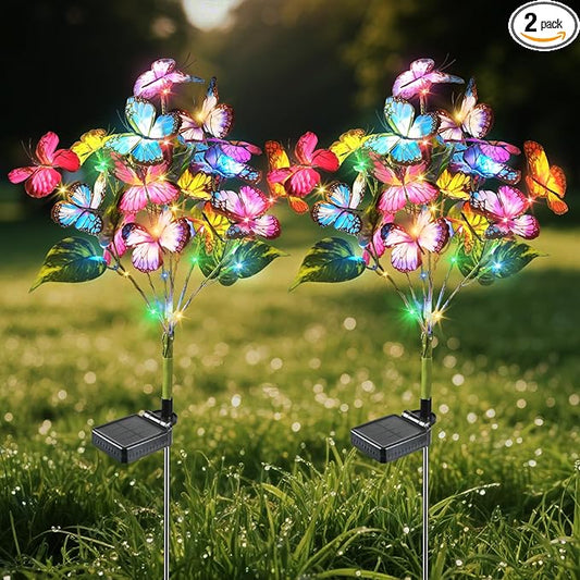 Solar Flower Lights-2 Pack Solar Garden Lights, Outdoor Waterproof Decorative Light, Butterfly Flower Garden Decor for Landscape, Pathway, Yard