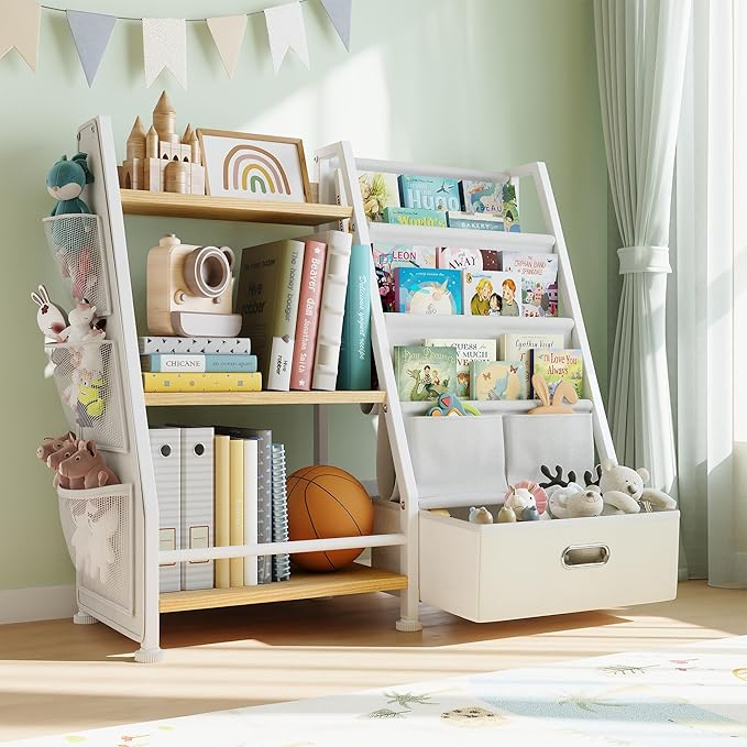 Kids Bookshelf and Toy Storage Organizer: Book Shelf for Kids Room with Drawer to Store Books and Toys Organizer - 3 Tier Toddler Bookshelf with 3 Side Pockets for Nursery, Bedroom (Burlywood)