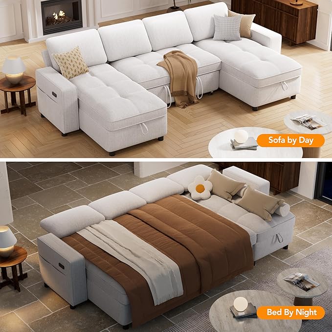Vipbear Sleeper Sectional Sofa, 105" U Shaped Couch with Pull Out Bed, Convertible Chenille Cloud Sofa with Reclining Backrest | Double Storage Chaise | USB Ports | Tool-Free Assembly | Beige