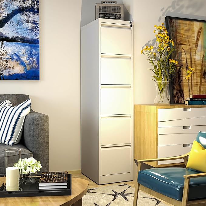 AQY 5 Drawer File Cabinet with Lock, Metal Filing Cabinets for Home Office, 18" Deep Heavy Duty Vertical Storage File Cabinets for Hanging A4/Letter/Legal Size Files, Assembly Require