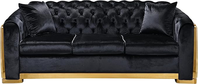 KEIKI 81" Luxury Oversized Velvet Chesterfield Sofa with Gold Stainless Decoration, Mid-Century Style 3-Seater Couch with Tufted Back and Rolled Arms, Easy Assembly, for Apartment, Living Room, Black