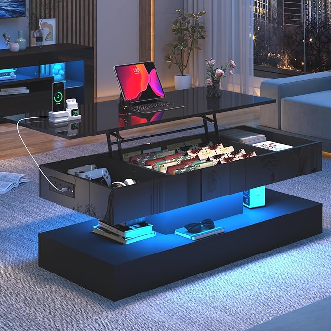 47.2" Large Lift Top Coffee Table,Modern High Glossy LED Coffee Tables for Living Room with Storage,Black Living Room Tables for Living Rooms,Dining Room,Bedroom Home Office,APP LED Lights（Black）