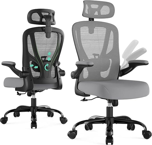 Office Chair Ergonomic Desk Chair - Mesh High Back Office Chair with Headrests Wheels Lumbar Support Home Desk Office Chairs Flip up Armrest Executive Rolling Swivel Task Computer Chair Gray