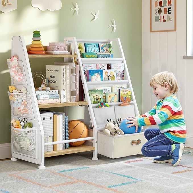 Kids Bookshelf and Toy Storage Organizer: Book Shelf for Kids Room with Drawer to Store Books and Toys Organizer - 3 Tier Toddler Bookshelf with 3 Side Pockets for Nursery, Bedroom (Burlywood)