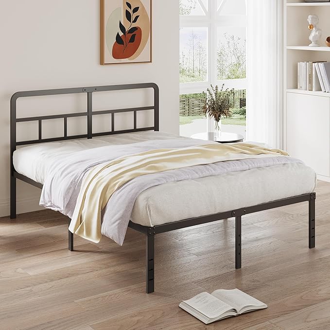 King Size Bed Frame with Headboard, 16 Inch Metal Platform No Box Spring Needed Heavy Duty Steel Slat Mattress Foundation/Easy Assembly/No Noise/Black