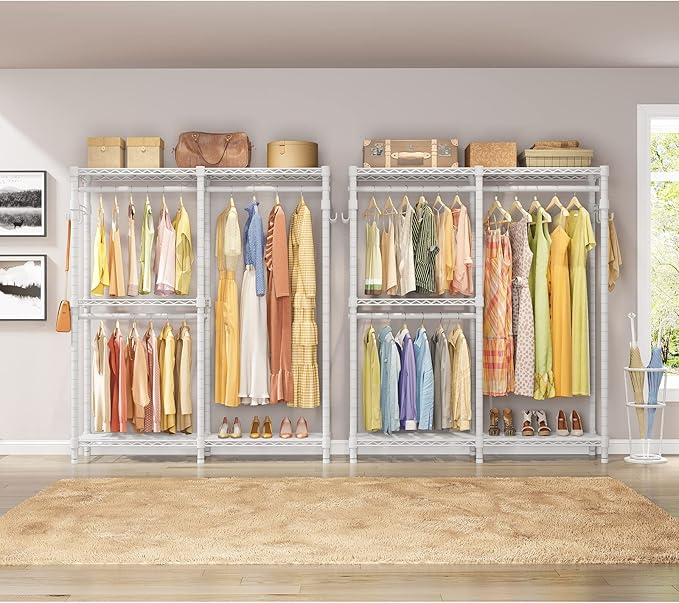 VIPEK V4 Garment Rack for Hanging Clothes, Portable Wardrobe Freestanding Closet Organizer, Heavy Duty Clothes Rack Metal Clothing Rack with 3 Hanging Rods & 2 Side Hooks, Max Load 810lbs, White