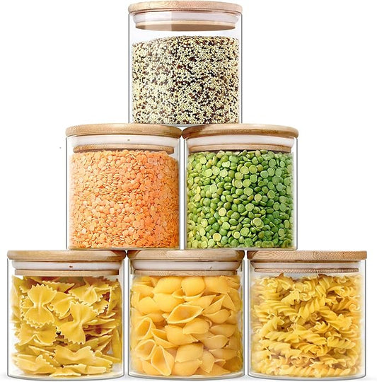 Urban Green Glass Jars with Bamboo Lids, Glass Airtight Canisters sets, Food Storage Container, Pantry Organization and Storage Jars, Kitchen Canisters Sets, Flour Containers of 6