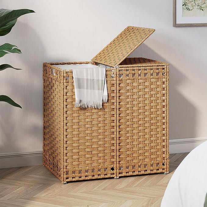 130L Foldable Laundry Hamper with Lid - Handwoven Rattan Storage Basket, 2-Section Clothes Hamper w/2 Removable Liner Bags, Easy Assembly, Portable for Bedroom Bathroom Dorm,Natural