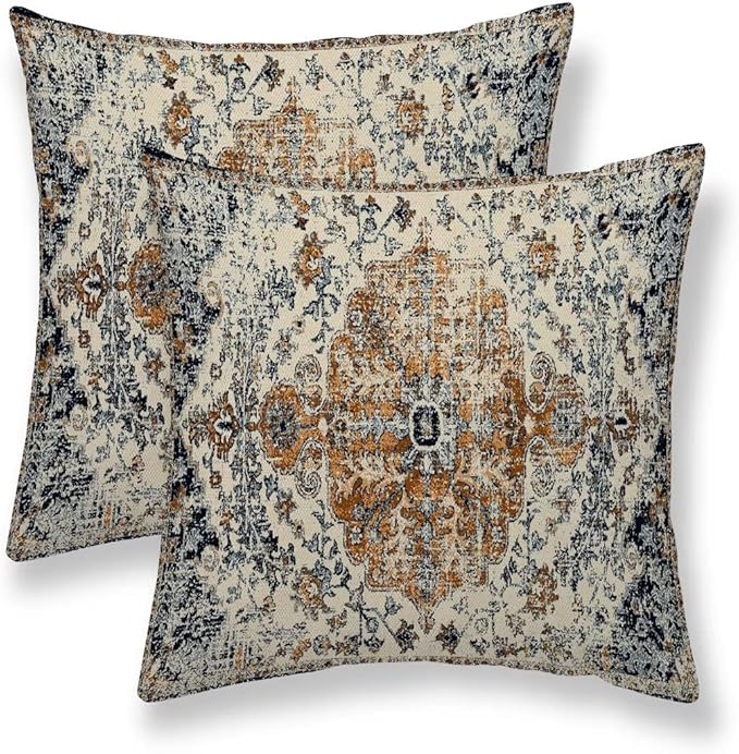 Boho Throw Pillow Covers 20x20 Set of 2, Ethnic Carpet Pattern Pillow Covers Gold Blue Rustic Farmhouse Cushion Cases Linen Decorative Gifts for Couch Sofa Indoor Outdoor