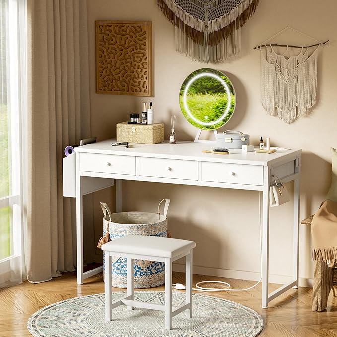 Girls Vanity Desk with Mirror and Lights Small Makeup Vanitys Set with Chair Fabric Drawers Power Outlet, Dressing Table Vanities for Kids Bedroom 40“ White