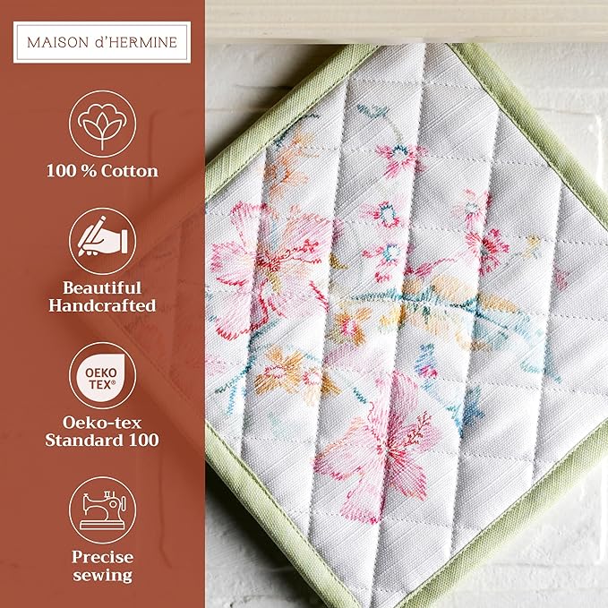 Maison d' Hermine Pot Holders set 100% Cotton Heat Resistant Potholders 8" x 8" Hot Pads with Loop BBQ, Cooking, Baking, Grilling, Kitchen, Handling Hot Pans Spring/Summer (Pack of 2, Paradise Island)