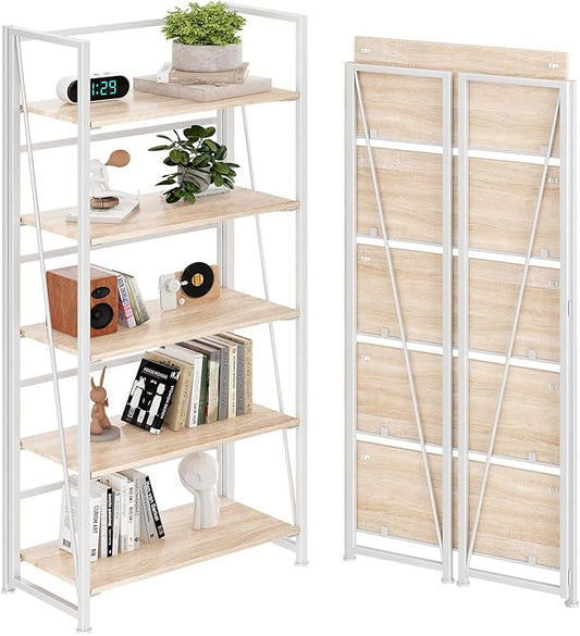 BHG Vintage Multifunctional Folding Bookshelf, No-Assembly Plant Stand Storage Rack Shelves for Home Office (White, 5-Tier)