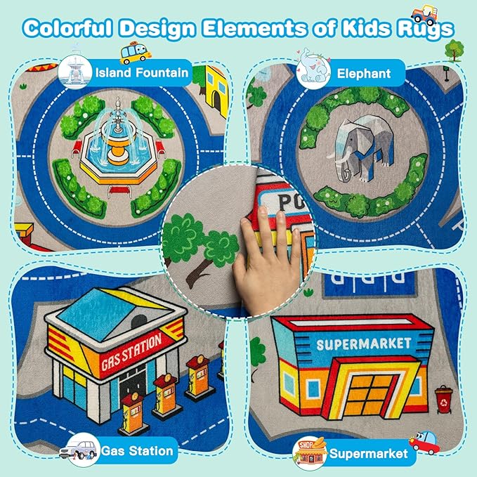 Road Car Rug, 5x7 Ft City Road Rug for Kids, Extra Thick (0.4in) Kids Floor Play Mat and Car Carpet with Realistic Colors - Perfect for Children, Soft and Non-Slip for Playroom and Bedroom