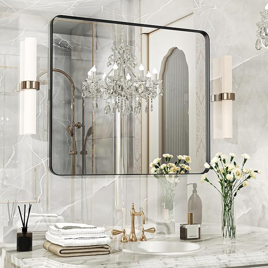 28×32 Black Bathroom Mirror, Rectangular Bathroom Vanity Mirror for Wall with Rounded Corners & Aluminum Alloy Frame, Tempered-Glass, Modern, Farmhouse, Horizontal/Vertical, Entryway, Bedroom